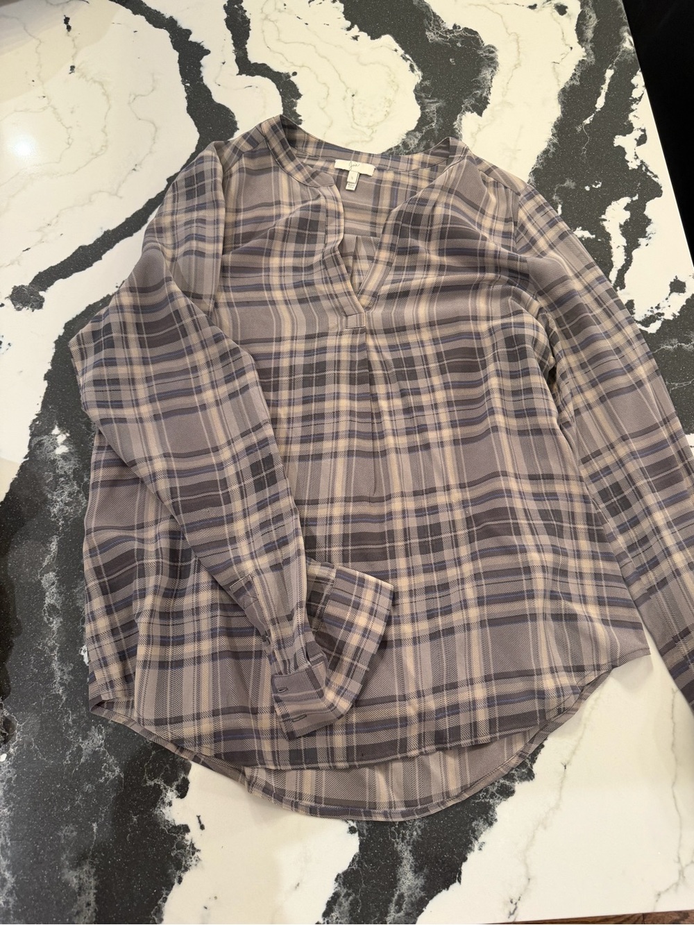 Joie Plaid V-Neck Long-Sleeve Blouse - Taupe and Gray